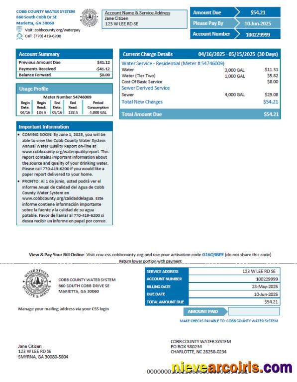 USA Cobb County Water System utility bill, version 2